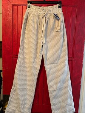 Ci Sono Light Gray Striped Women’s linen like Joggers with Drawstring Waist
